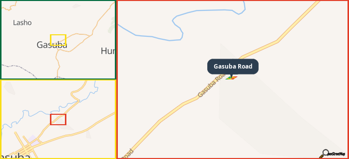 Map showing the address of Gasuba Road in three different zoom levels.