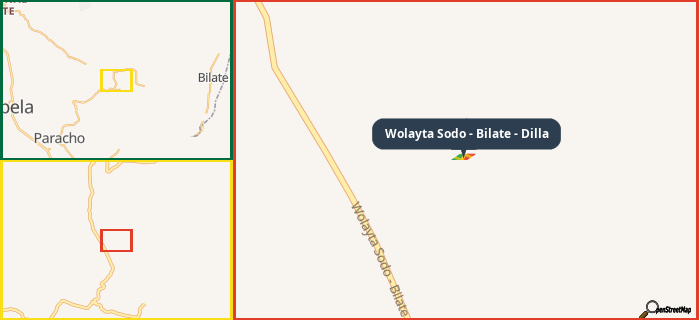 Map showing the address of Wolayta Sodo - Bilate - Dilla in three different zoom levels.