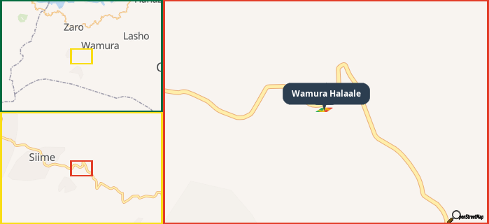 Map showing the address of Wamura Halaale in three different zoom levels.