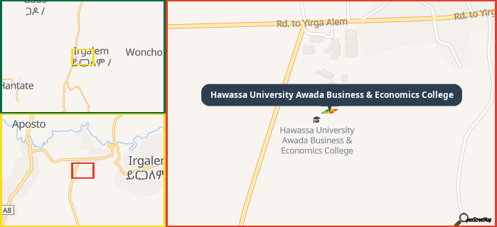 Map showing the address of Hawassa University Awada Business & Economics College in three different zoom levels.