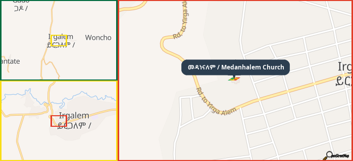Map showing the address of መዳነናለም / Medanhalem Church in three different zoom levels.
