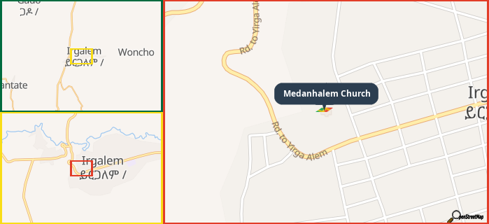 Map showing the address of Medanhalem Church in three different zoom levels.