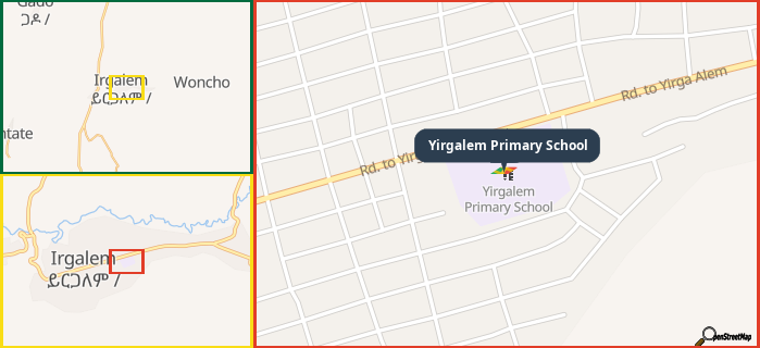 Map showing the address of Yirgalem Primary School in three different zoom levels.