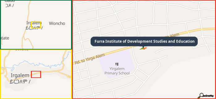 Map showing the address of Furra Institute of Development Studies and Education in three different zoom levels.