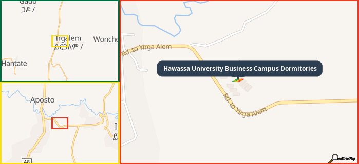 Map showing the address of Hawassa University Business Campus Dormitories in three different zoom levels.