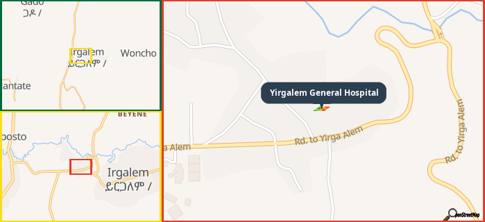 Map showing the address of Yirgalem General Hospital in three different zoom levels.