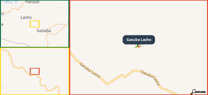 Map showing the address of Gasuba Lasho in three different zoom levels.