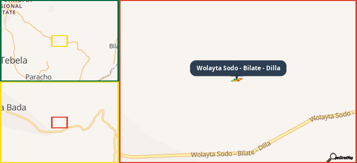 Map showing the address of Wolayta Sodo - Bilate - Dilla in three different zoom levels.