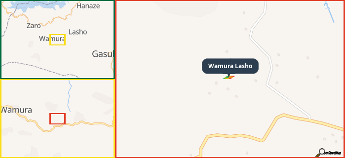 Map showing the address of Wamura Lasho in three different zoom levels.