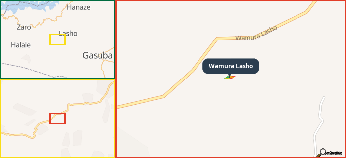 Map showing the address of Wamura Lasho in three different zoom levels.