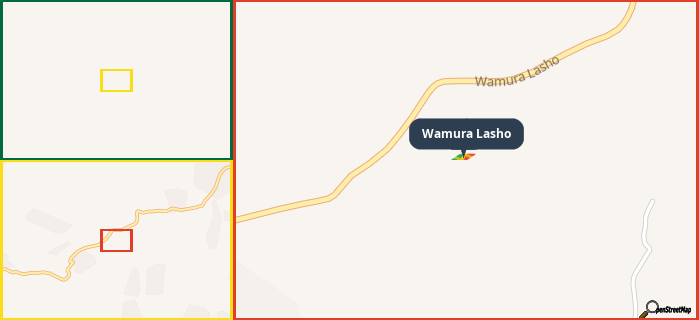 Map showing the address of Wamura Lasho in three different zoom levels.