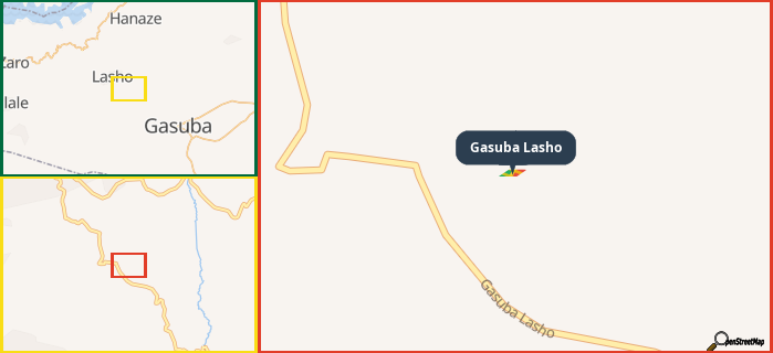 Map showing the address of Gasuba Lasho in three different zoom levels.