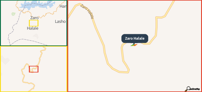 Map showing the address of Zaro Halale in three different zoom levels.