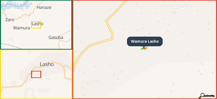 Map showing the address of Wamura Lasho in three different zoom levels.