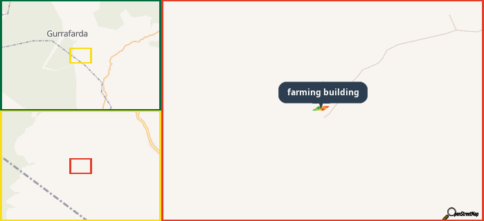 Map showing the address of farming building in three different zoom levels.