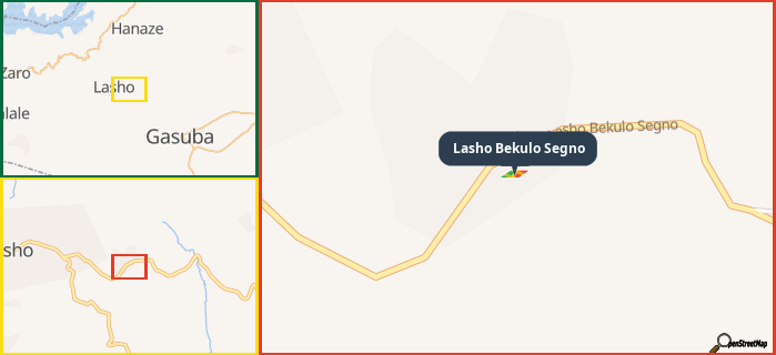Map showing the address of Lasho Bekulo Segno in three different zoom levels.