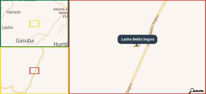 Map showing the address of Lasho Beklo Segno in three different zoom levels.