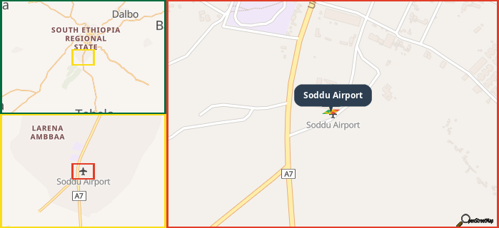 Map showing the address of Soddu Airport in three different zoom levels.