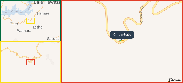 Map showing the address of Chida-Sodo in three different zoom levels.