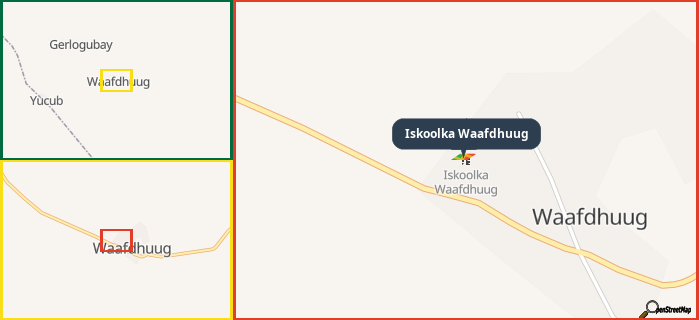 Map showing the address of Iskoolka Waafdhuug in three different zoom levels.