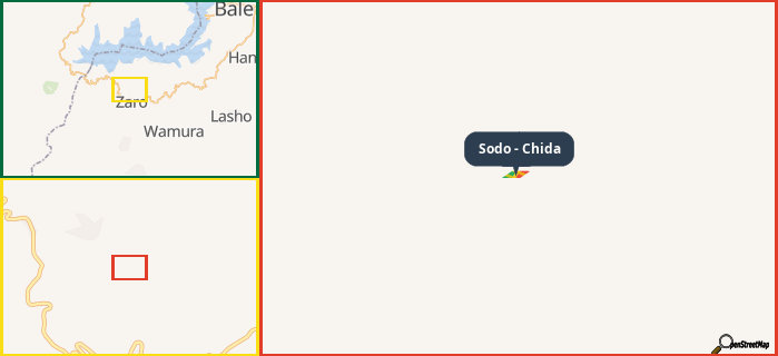 Map showing the address of Sodo - Chida in three different zoom levels.