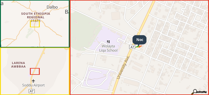 Map showing the address of Noc in three different zoom levels.