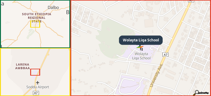 Map showing the address of Wolayta Liqa School in three different zoom levels.
