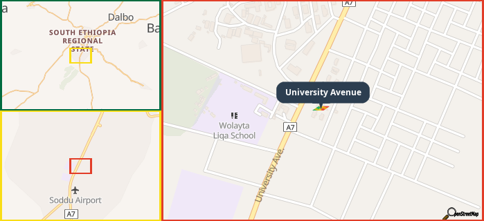 Map showing the address of University Avenue in three different zoom levels.