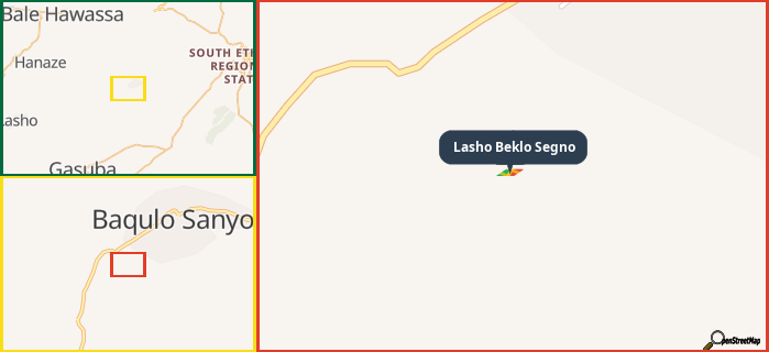 Map showing the address of Lasho Beklo Segno in three different zoom levels.