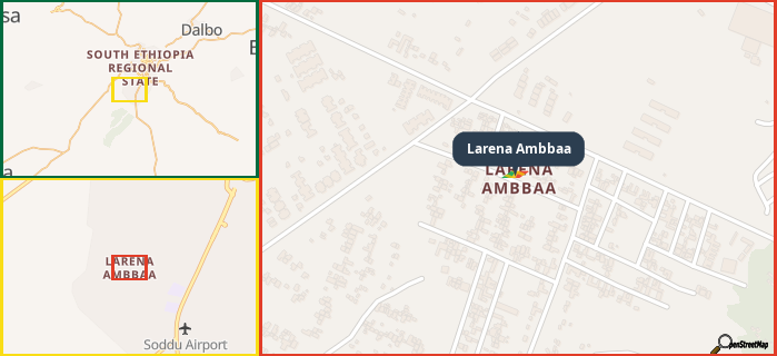 Map showing the address of Larena Ambbaa in three different zoom levels.