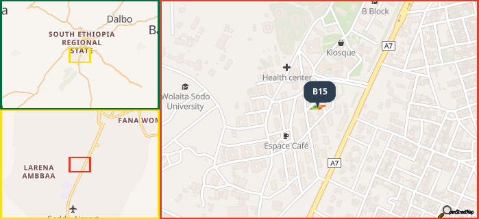 Map showing the address of B15 in three different zoom levels.