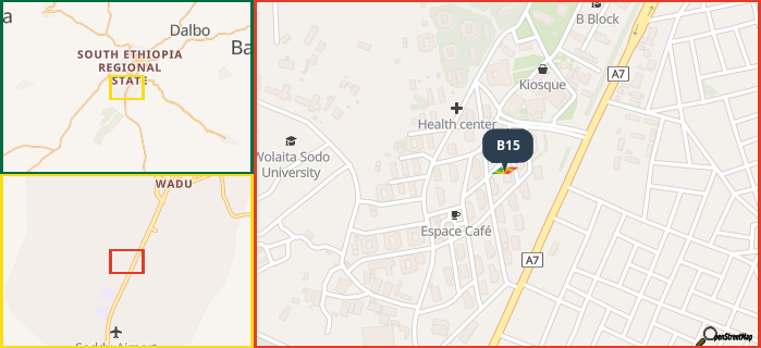 Map showing the address of B15 in three different zoom levels.