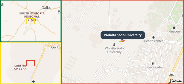 Map showing the address of Wolaita Sodo University in three different zoom levels.