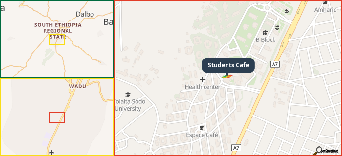 Map showing the address of Students Cafe in three different zoom levels.