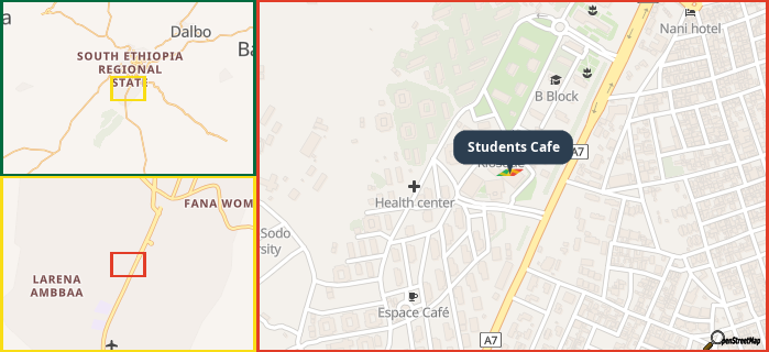 Map showing the address of Students Cafe in three different zoom levels.
