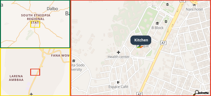 Map showing the address of Kitchen in three different zoom levels.