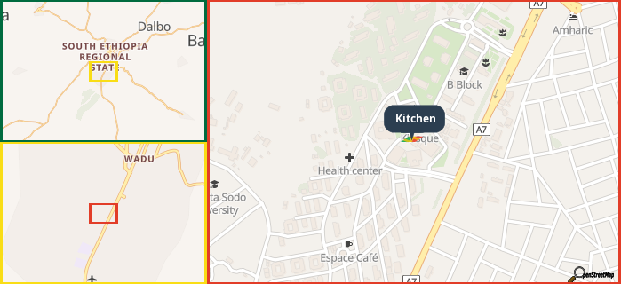 Map showing the address of Kitchen in three different zoom levels.