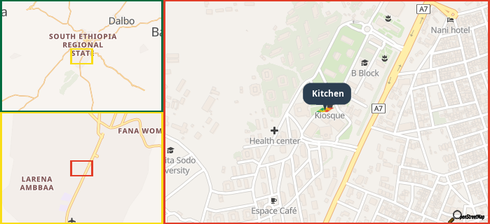 Map showing the address of Kitchen in three different zoom levels.