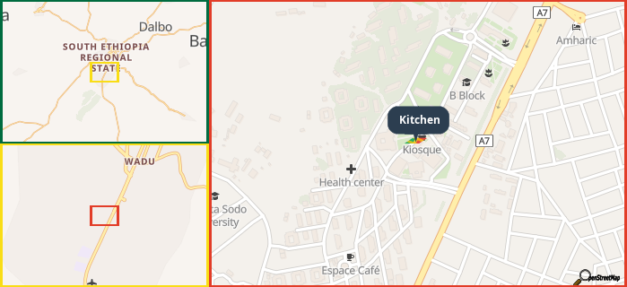 Map showing the address of Kitchen in three different zoom levels.