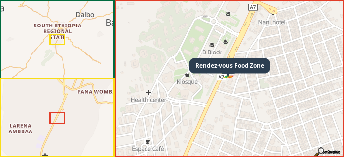 Map showing the address of Rendez-vous Food Zone in three different zoom levels.