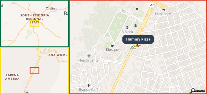 Map showing the address of Hummy Pizza in three different zoom levels.