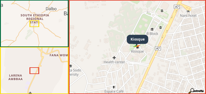Map showing the address of Kiosque in three different zoom levels.