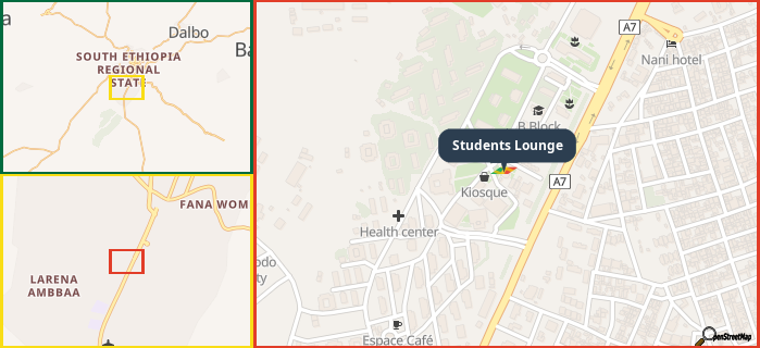 Map showing the address of Students Lounge in three different zoom levels.