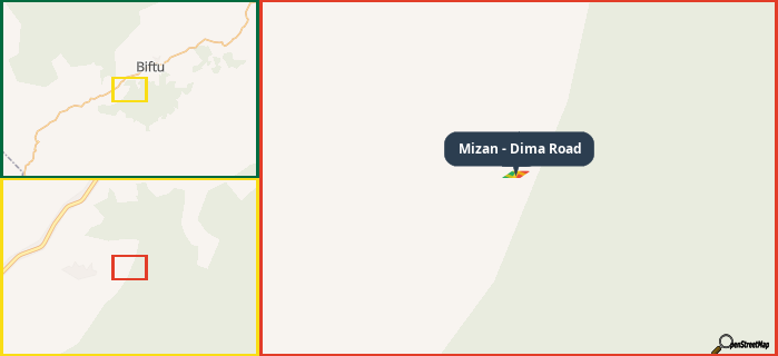 Map showing the address of Mizan - Dima Road in three different zoom levels.