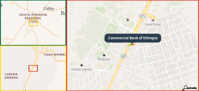 Map showing the address of Commercial Bank of Ethiopia in three different zoom levels.