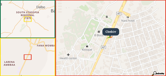 Map showing the address of Cbebirr in three different zoom levels.