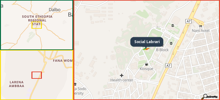 Map showing the address of Social Labrari in three different zoom levels.