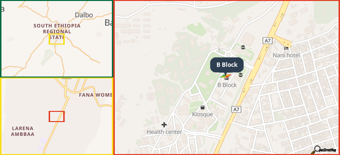 Map showing the address of B Block in three different zoom levels.