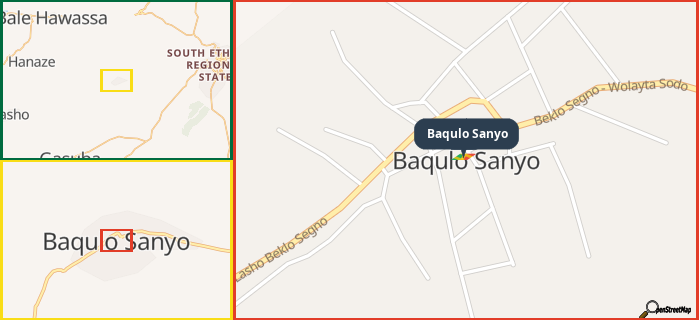 Map showing the address of Baqulo Sanyo in three different zoom levels.