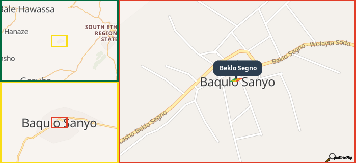 Map showing the address of Beklo Segno in three different zoom levels.
